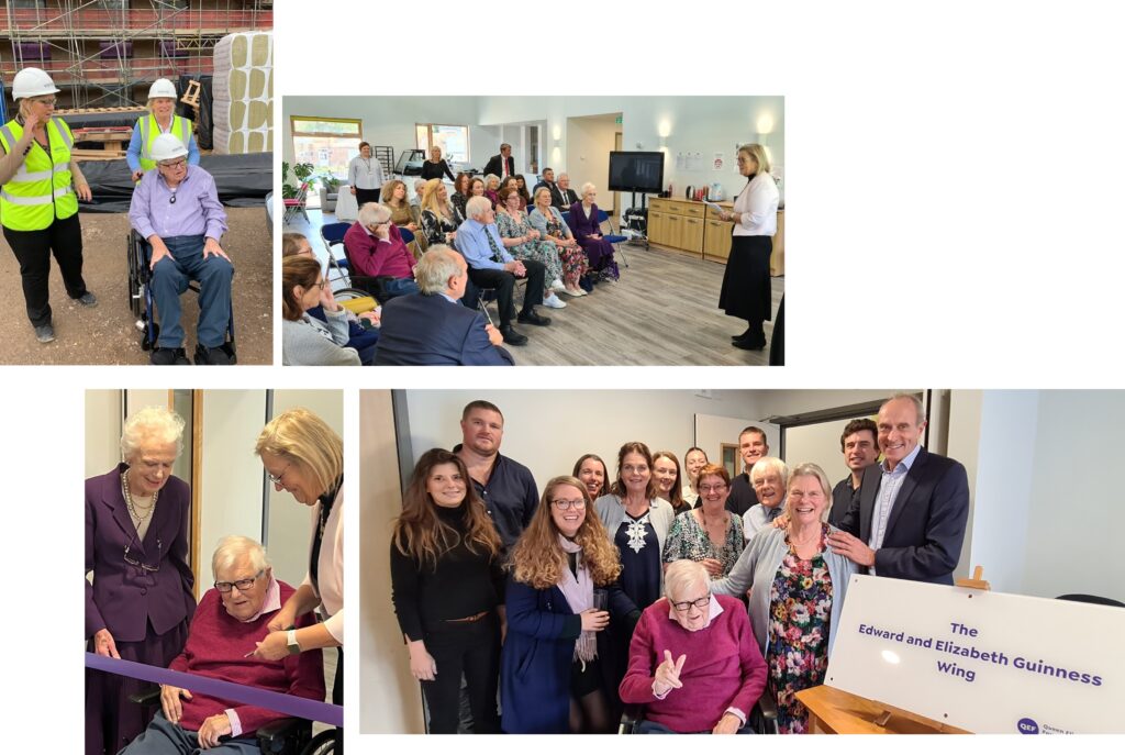 a montage of 4 images of Edward Guinness, on the CRC building site, at his presentation, cutting the ribbon and with his family and commemorative plaque
