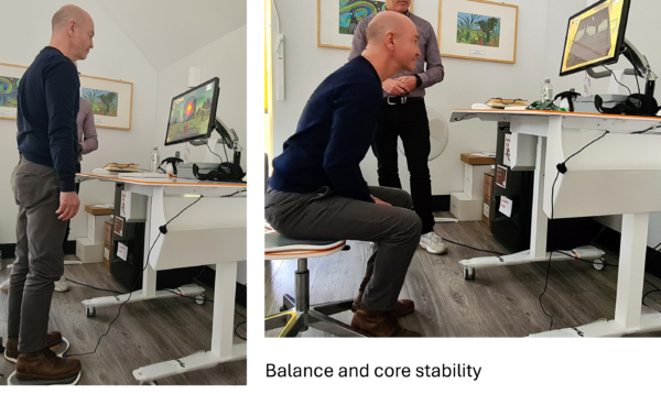 Two pictures of a person looking at an on screen game - one standing on a balance board and the other sitting on a balance board and leaning forward.