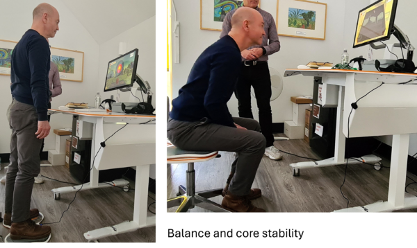Technology-assisted therapy launched at QEF to intensify impact of neuro rehabilitation 2 Two pictures of a person looking at an on screen game - one standing on a balance board and the other sitting on a balance board and leaning forward.